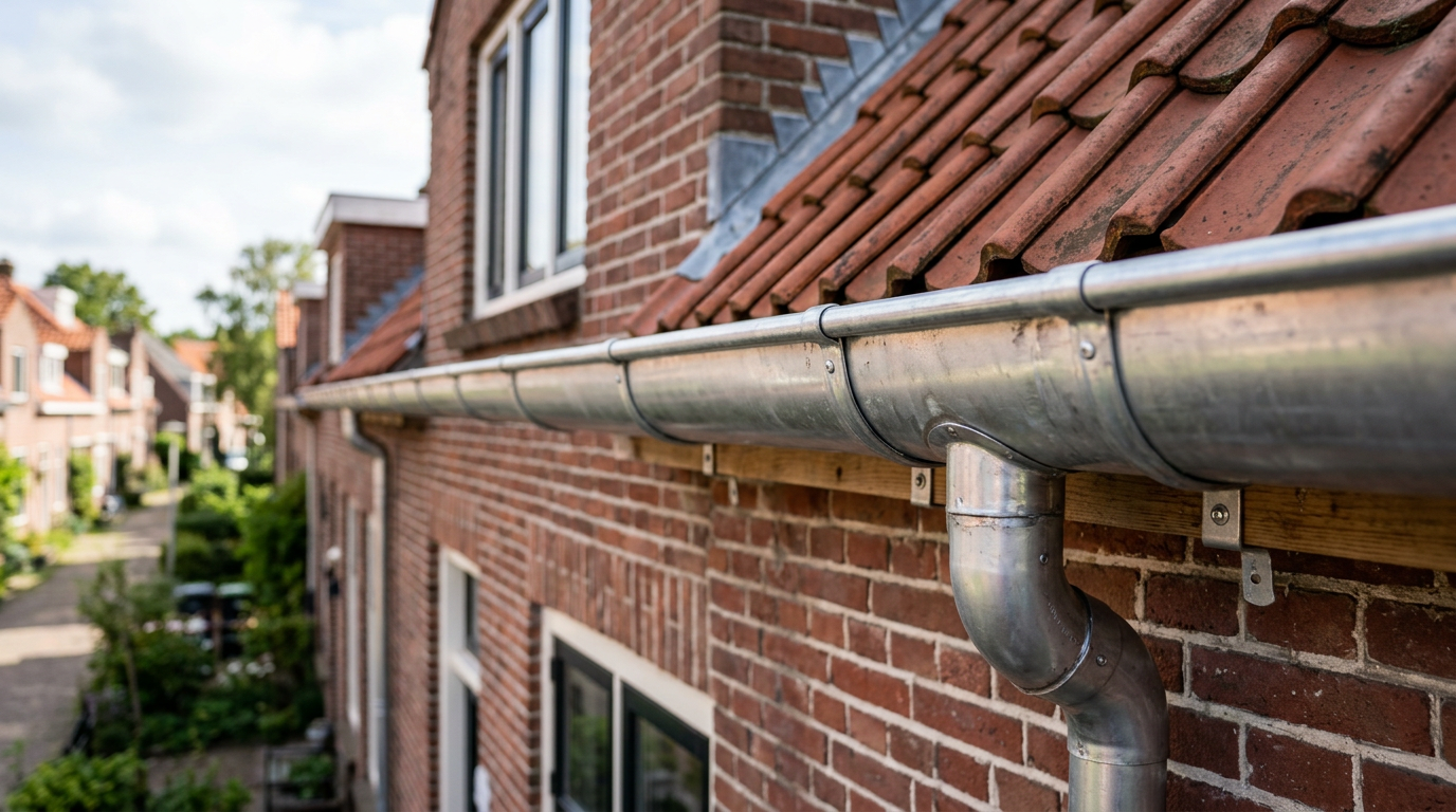 Zinken dakgoot tijdens renovatie in Utrecht