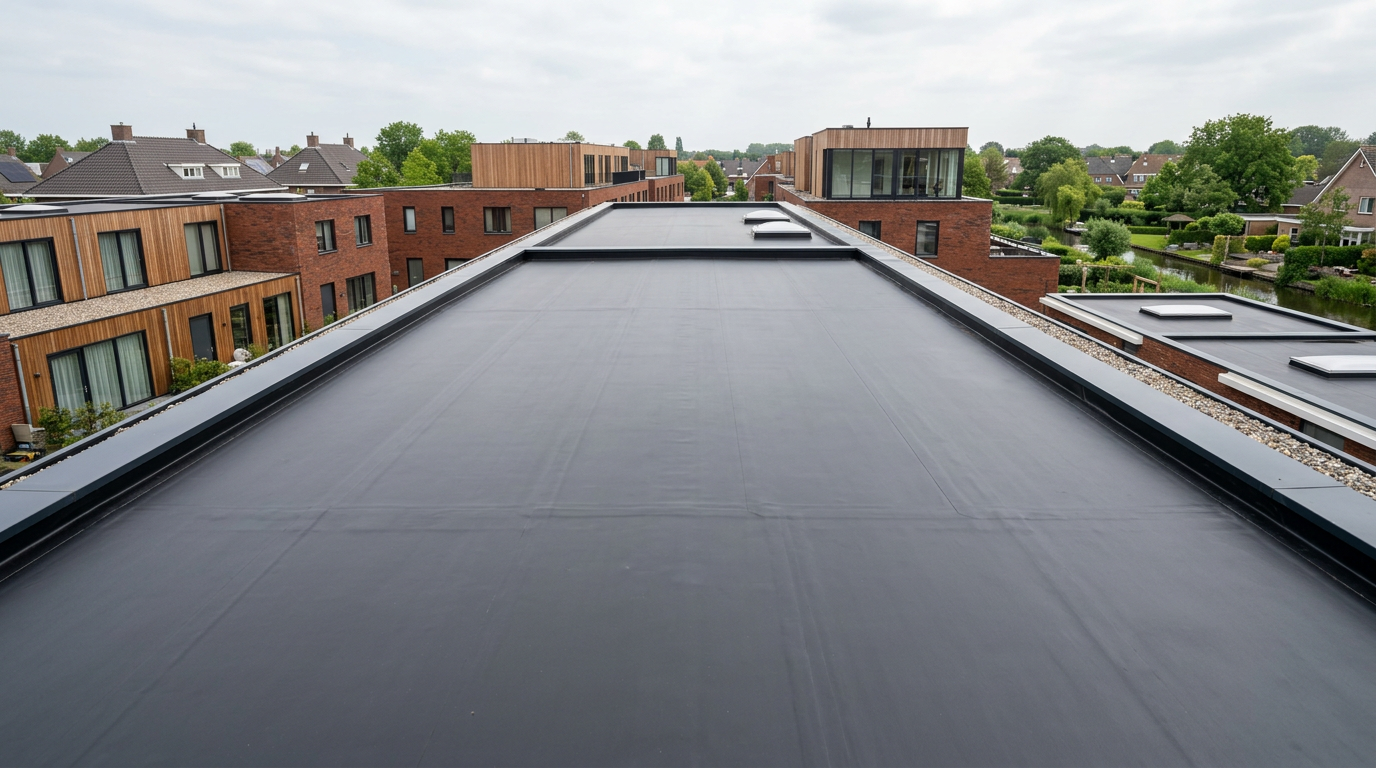 Plat dak voorzien van zwarte EPDM dakbedekking